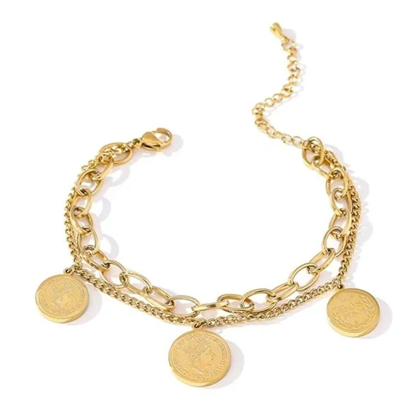 New 18K Gold Plated Vintage Coin Queen Elizabeth Link Chain Layered Bracelet - Picture 2 of 5